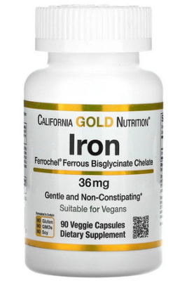 Бисглицинат железа (Iron Ferrochel) California Gold Nutrition, 36 мг, 90 растительных капсул