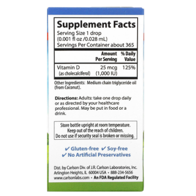 Витамин Д3 Супер Ежедневно (Super Daily Vitamin D3) 1000 МЕ, Carlson Labs,10,3 мл (0,35 жидких унций)